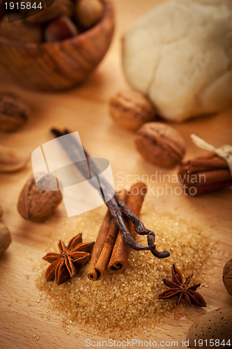 Image of Aromatic ingredients for baking Christmas cookies