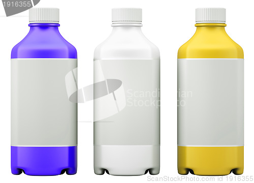 Image of Three colorful  bottles for chemicals or drugs isolated 