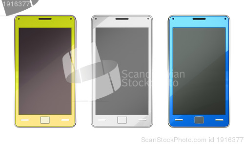Image of Smart phones in yellow blue and white colours 