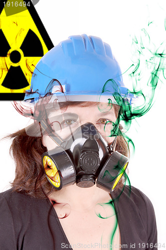 Image of woman with safety protection, gas mask and helmet