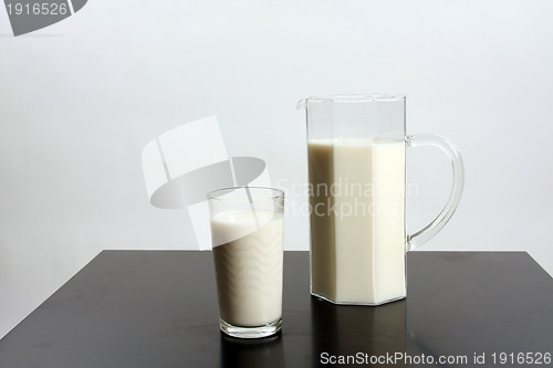 Image of Glass full of milk and milk jar, healthy drink