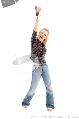 Image of screaming blond with white shoe
