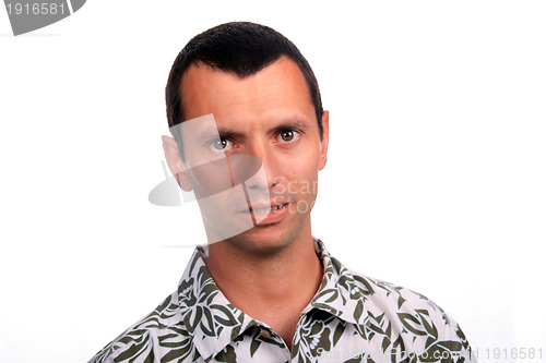 Image of tourist man over white background looking