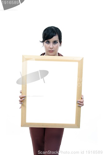 Image of Young woman holding blank board