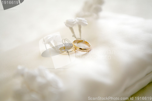 Image of Two wedding rings with white flower in the background, wedding p