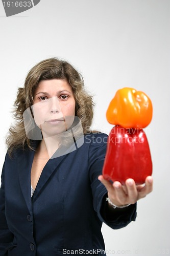 Image of woman with colored peppers, healthy food photo