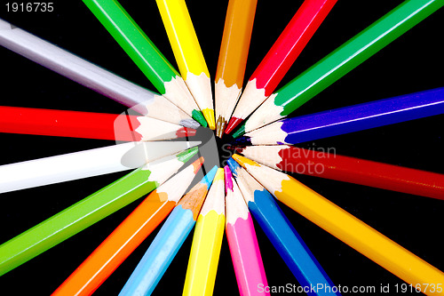 Image of Assortment of coloured pencils with shadow on white/back backgro