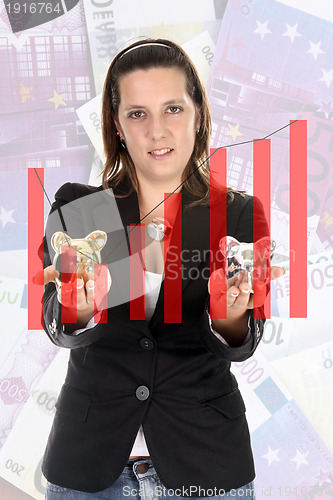 Image of picture of lovely woman with piggy bank