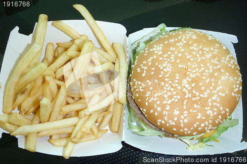 Image of Tasty hamburger with fries, unhealthy food, health concept