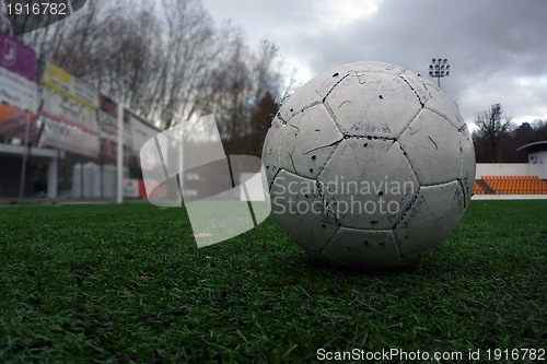 Image of soccer ball on a soccer field, sport photo