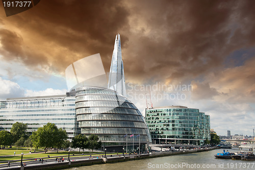 Image of New London city hall with Thames river, panoramic view from Towe
