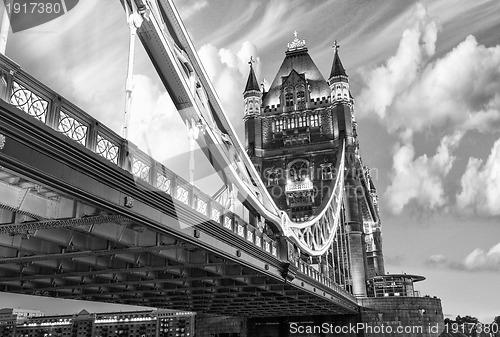 Image of Famous Tower Bridge at sunset with clouds, seen from Tower of Lo