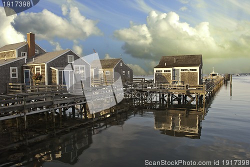 Image of Homes over Water in Nantucket at Sunset, Massachusetts