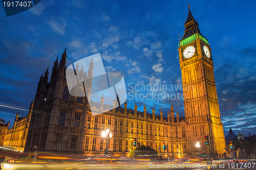 Image of Big Ben and House of Parliament at dusk with clouds from Westmin