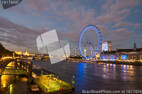 Image of London Skyline at dusk from Westminster Bridge with illuminated 