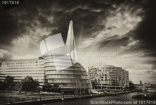 Image of New London city hall with Thames river, panoramic view from Towe