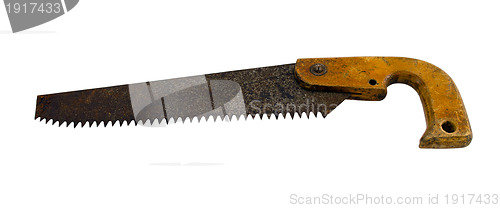 Image of retro rusty hand saw isolated on white 