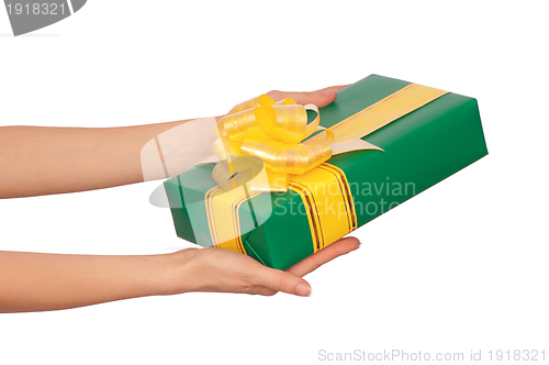 Image of green box with yellow ribbon