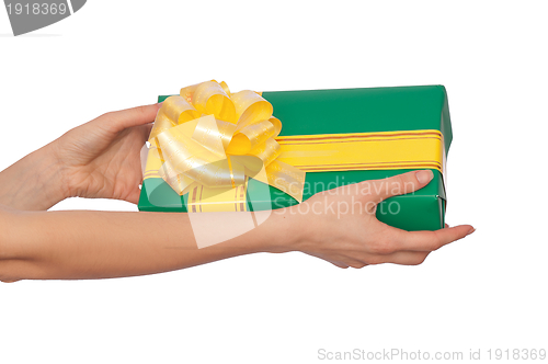 Image of green box with yellow ribbon