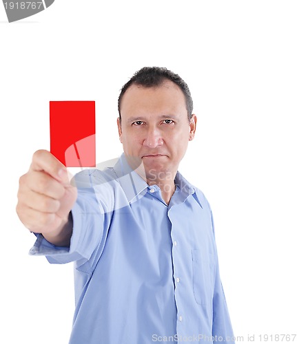 Image of Young businessman is showing a red card 