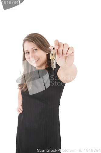 Image of Realtor is giving the keys to an apartment to some clients, focu