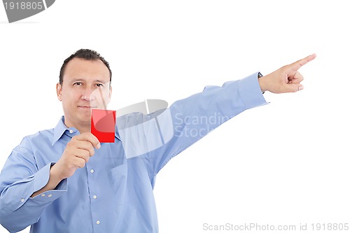 Image of man shows someone a red card. All isolated on white background 