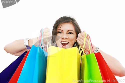 Image of Shopping woman excited, isolated on white