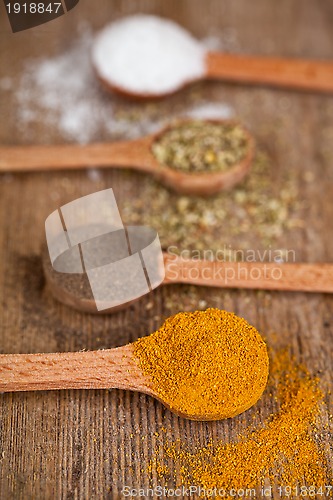 Image of curry, pepper, oregano and cooking salt