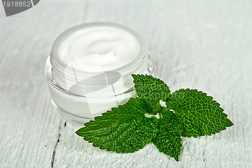 Image of face cream in glass jar with green leaf of urtica 