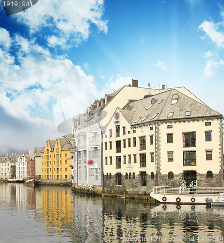 Image of Small harbor in downtown of Alesund, with Reflections - Norway