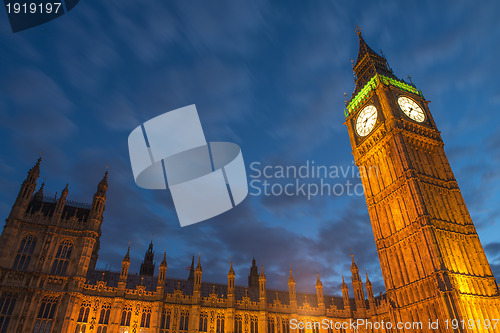 Image of Lights of Big Ben at Dusk with blurred moving cloud - London