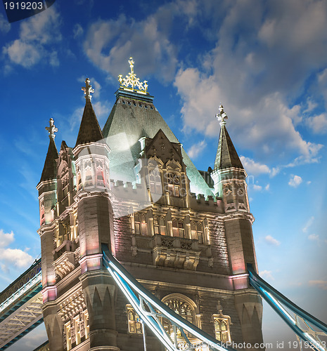 Image of Lights and Colors of Tower Bridge at sunset with Clouds - London