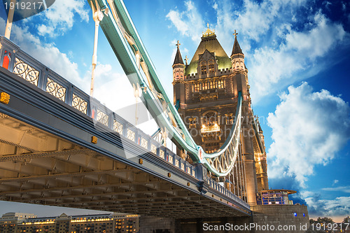 Image of Famous Tower Bridge at sunset with clouds, seen from Tower of Lo