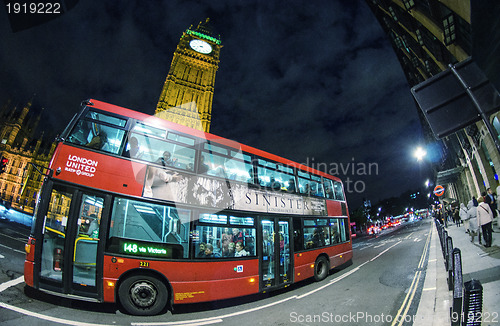 Image of LONDON - SEP 28:Classic Routemaster double decker bus speeds up 