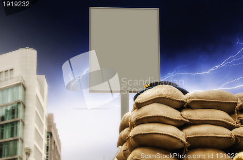 Image of Checkpoint with blank Signboard and Sandbags