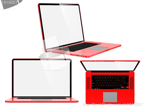 Image of Set of Red Modern Laptops.