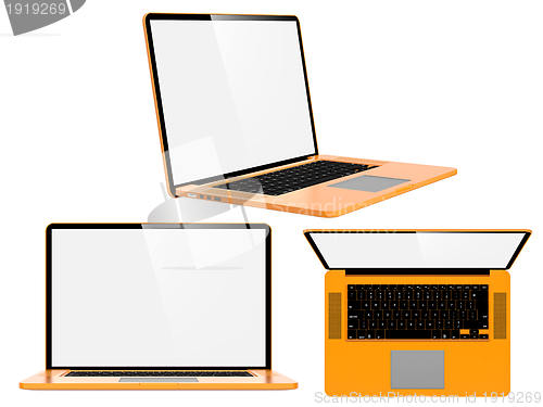 Image of Set of Orange Modern Laptops.