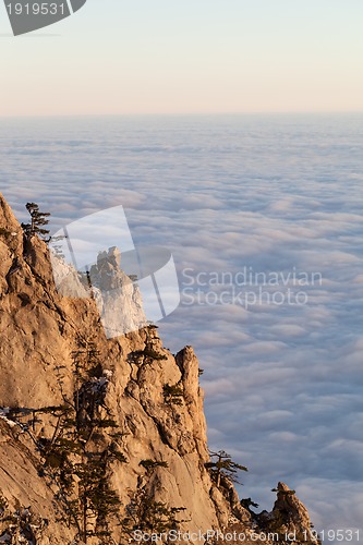 Image of Sunlit cliffs and sea in clouds