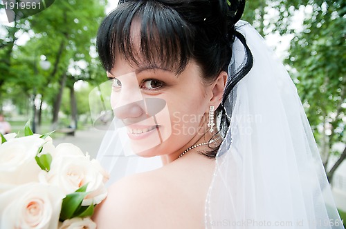 Image of portrait of young happy bride...