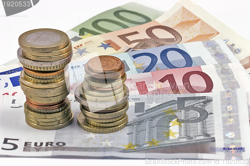 Image of Close-up of Euro banknotes and coins