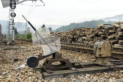 Image of Old weathered rusty grungy railroad points switch