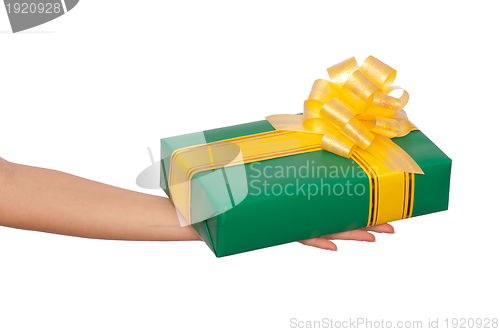 Image of green box with yellow ribbon