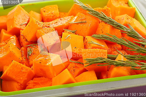 Image of Slices of pumpkin in baking dish.
