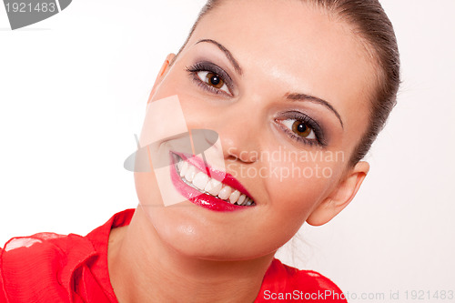Image of beautfiul brunette woman with red lips and smile