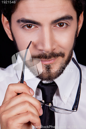 Image of business man with tie and glasses and beard portrait