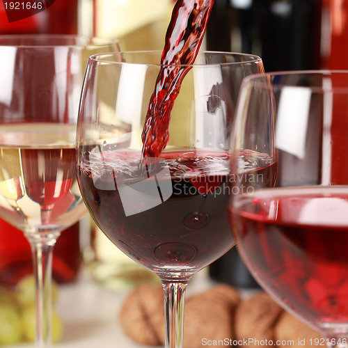 Image of Red wine pouring into a wine glass