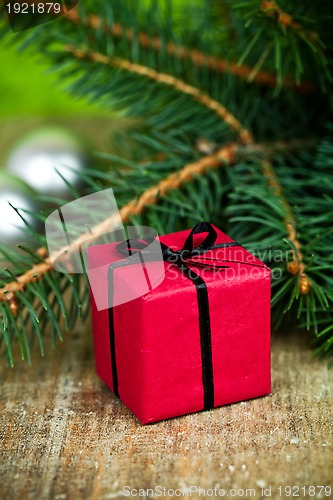 Image of christmas decorations and fir tree 