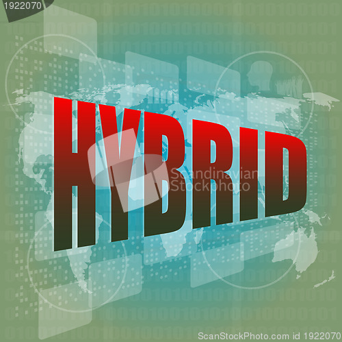 Image of The word hybrid on digital screen, business concept