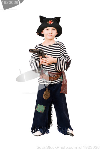 Image of Boy with gun dressed as a pirate