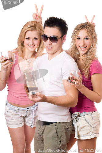 Image of Two joyful blonde woman and young man